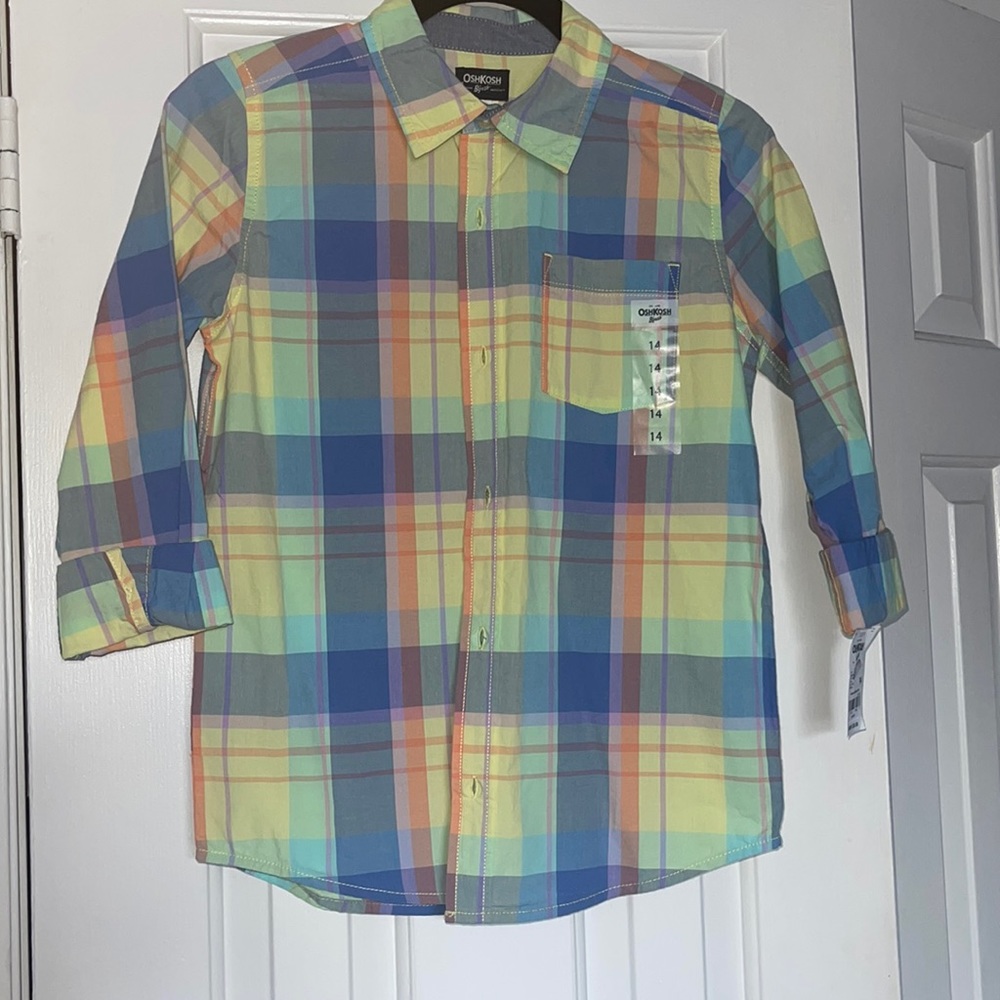 OshKosh B’Gosh summer plaid button down shirt. Boys size 14 NWT